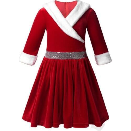 Kids Girls Christmas Costume Dancewear Long Sleeve Faux Fur Trimming Velvet Figure Ice Skating Baton Twirling Dress for Party