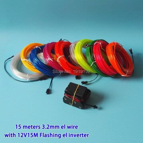 15Meters 3.2mm Flexible EL Wire Neon LED glowing Light Tube Rope For House Party Wedding Decoration With DC12V Flashing Driver