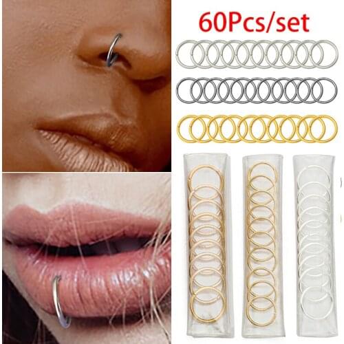 60Pcs/set Nose Ring Piercing Punk Gold Silver Color Handmade Tiny Nose Lip Hoop Ring Septum Rings Piercing Stud Body Jewelry