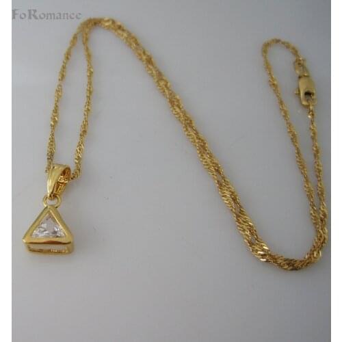 FoRomance SMALL TRIANGLE SHAPE GREEN / WHITE CZ STONE PENDANT YELLOW GOLD COLOR WITH 18" WATER WAVE NECKLACE MYSTERY ENERGY