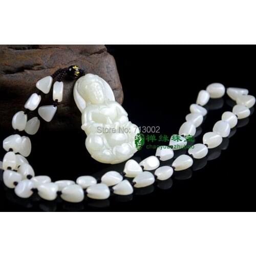 Nature He tian Jade milky jadite Amulet Guanyin Pendant Necklace Talisman -Kwan-yin