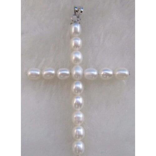 New White AAA Natural White Gold South Sea Pearl Cross Pendant Necklace