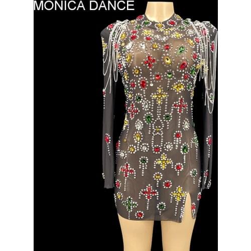 New Design Sexy Stage Colorful Crystals Black Mesh Dress Evening Nightclub Dj Gogo Chains Dance Costume Wedding Birthday Dress