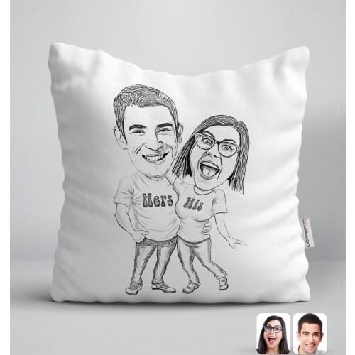 Personalized Special Charcoal Valentine Caricature Of White Yastık-5