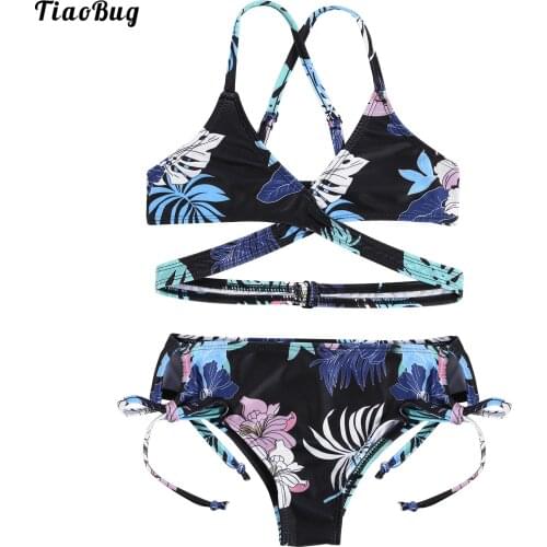 TiaoBug Fashion Kids Girls 2Pcs Floral Print Bikini Swimsuit V Neck Adjustable Straps Criss Cross At Rear Triangle Bra Brief Set