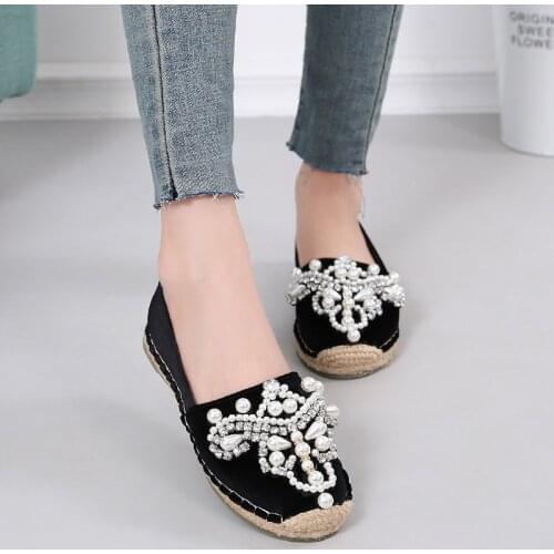 Gold velvet fisherman shoes handmade sewing string bead flats luxury pearl crystal straw weave loafers large size 43 women shoes