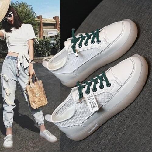 Womens Flat Shoes Net yarn Sneakers Woman Casual Shoe Cowhide Lerther Ladies White Platform Female Trainers Footwear