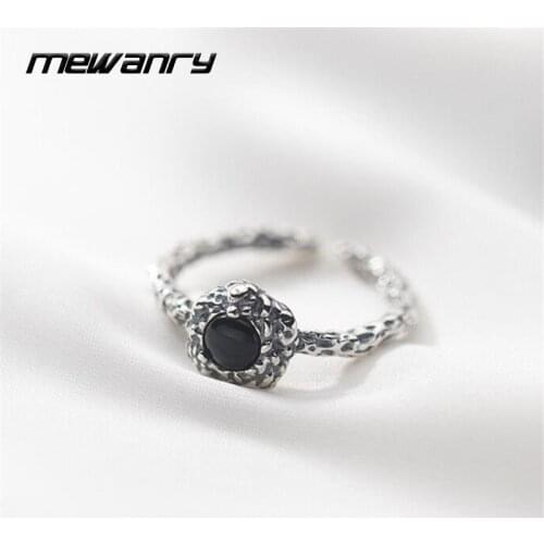 Mewanry 925 Sterling Silver Open Rings for Women New Trendy Elegant Vintage Flower Type Black Stone Thai Silver Party Jewelry