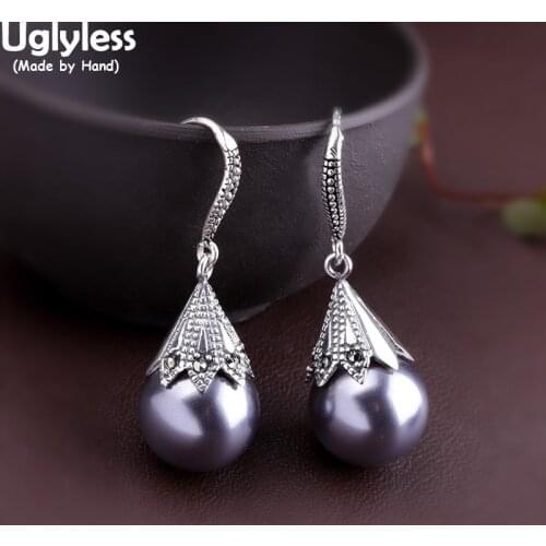 Uglyless Natural Grey Black Pearls Earrings for Women Vintage Thai Silver Dress Earrings 925 Silver Chalcedony Brincos Bijoux