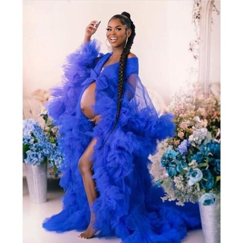 Vestido De Mulher Royal Blue Long Robe For Women To Pregnant Picture Shoot Full Sleeves Ruffles Long Prom Gowns