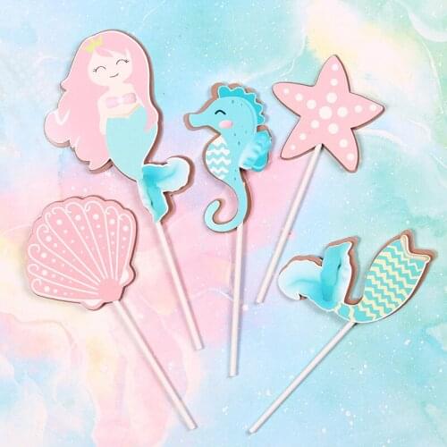 6PCS/Set Mermaid Happy Birthday Shell Fishtail Cake Toppers Starfish for Childrens Day Wedding Party Supplies Baking Gifts