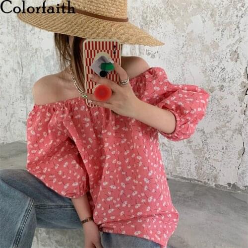 Colorfaith New 2021 Summer Autunm Womens Blouses Shirts Slash Neck Floral Bare Shoulder Sweet Oversize Korean Vintage Top BL748