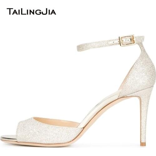Sandals For Women 2019 High Heels Glitter Shoes For Wedding Peep Toe Heeled Summer Footwear Woman Heeled Bridal Shoe Ankle Strap