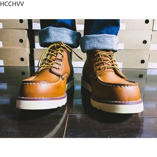 Handmade High Quality Fashion Genuine Leather Men Ankle Boots Outdoor Wings Motorcycle Boots Lace-up Work Mens Shoes Red Brown