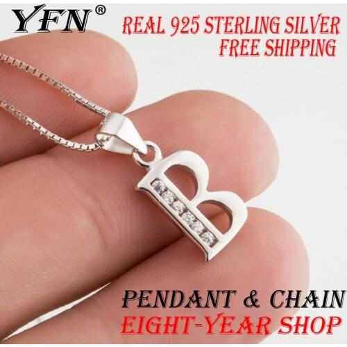 YFN Brand 925 Sterling Silver Classic Initial Letter B Necklace & Pendant Choker Chain 18 Inch For Women Girl Alphabet