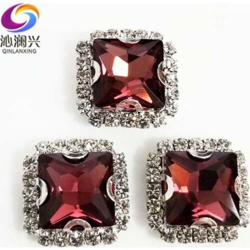 Wine red square shape high quality Crystal glass buckle,silver base sew on rhinestones for Diy/jewelry accessories SQK17