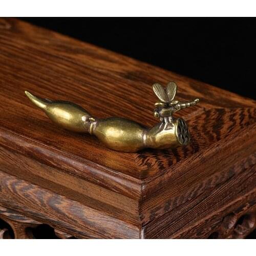 Pure Brass Copper Dragonfly Lotus Root Pen Holder Figurines Office Desk Small Ornaments Decor Antique Calligraphy Pen Holder