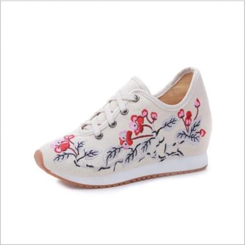 2019 Flower Embroidered Women Mid Top Lace up Canvas Platforms Shoes Ladies Casual Soft Comfort Walking Flats Zapatos Mujer