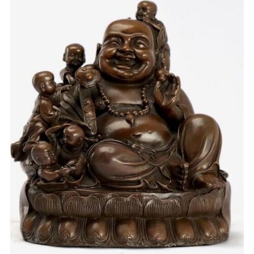 Chinese Pure Bronze Buddhism 5 Kid Child Happy Laughing Maitreya Buddha Statue