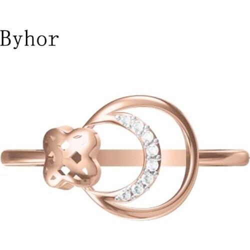 Byhor Solid 14K White+Rose Gold 0.032ct H/SI Natural Diamond ring Women Engagement gift кольца Wedding band trendy Cow nose ring