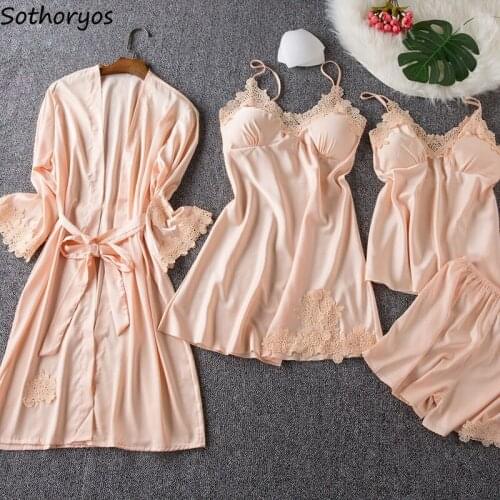Robe Sets Women Sleepwear Sexy Night Dress Womens Four Piece Sleep Set Silk Simple Breathable Korean Style Leisure Solid New Ins