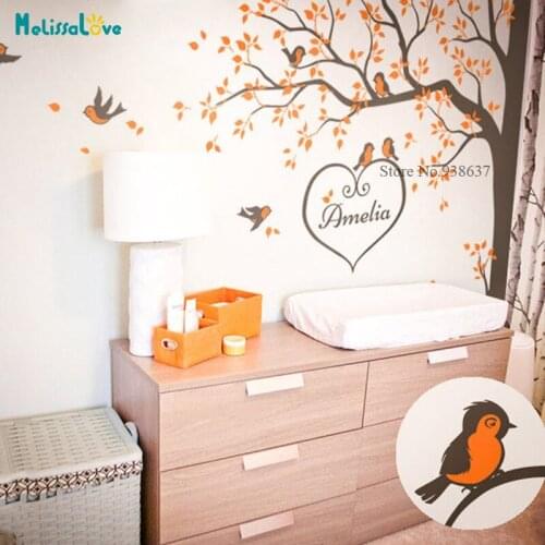 Creative nursery corner tree wall decals with personalized baby name and birds BB005