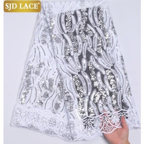 SJD LACE Pure White Embroidery Sequins A frican Lace Fabric High Quality French Mesh Lace Fabric For Wedding Festivals Sew A2217