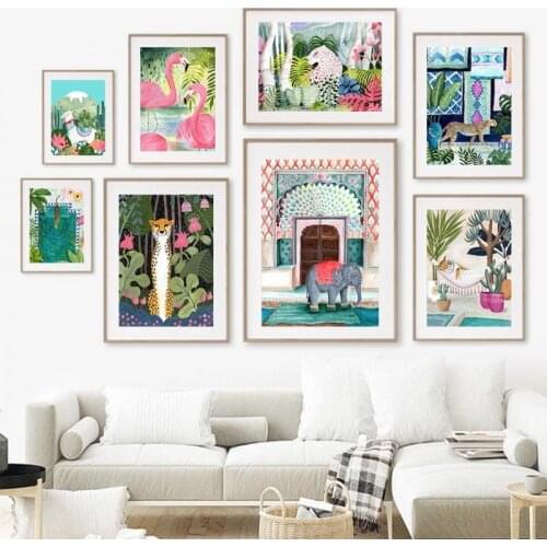 Moroccan Boho Wall Art Canvas Painting Animal Tiger Lion Elephant Leopard Flamingo Nordic Poster and Print Home Decoration Mural