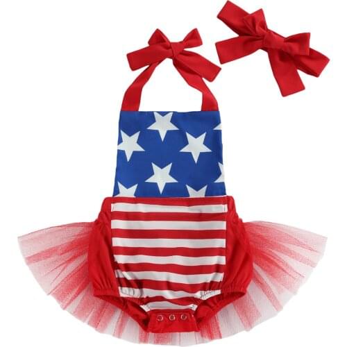 Newborn Baby Boy Girl Outfits 4th of July Suit Stripe Star Print Halter Jumpsuit with Bow Headband Toddlers Independences Day