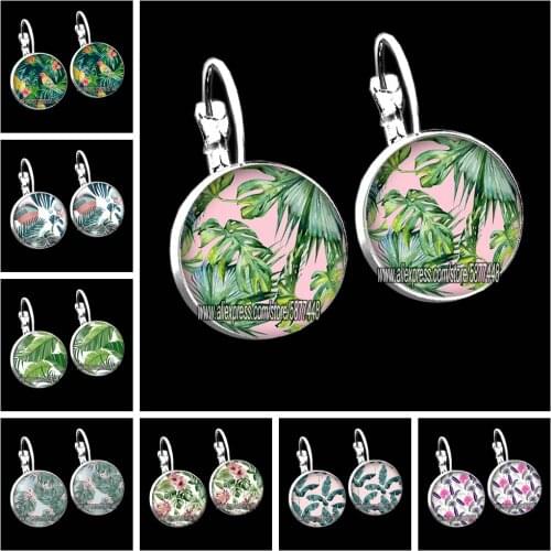 Green Tropical Leaves Women Stud Earrings Beautiful Tropical Green Plant Leaf Glass Cabochon Earrings Gift for Girl