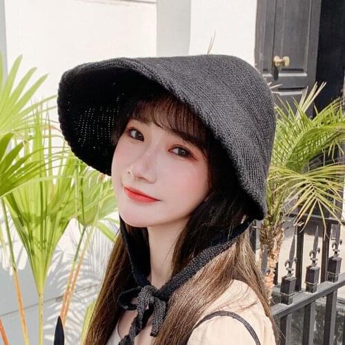 Hat Female Japanese Summer Big Eaves SunHat Bandage Cute Sunscreen Breathable Straw Hat Solid Color Fisherman Hat For Women