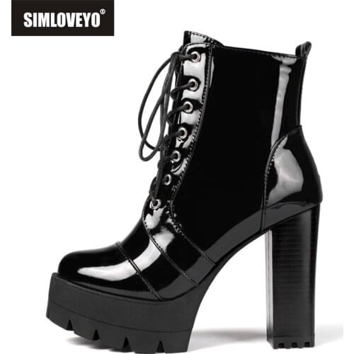 SIMLOVEYO Motorcycle Mid-Calf boots Round toe Square heel Patent leather Zipper Cross-tied Platform Big size 34-43 Club B2045