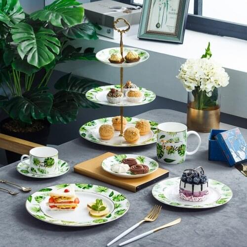 Tropical Plants Green Leaf Porcelain Ceramic Breakfast Plates Cakes Plates Cups Saucers Mugs Coffee Cup Dishes