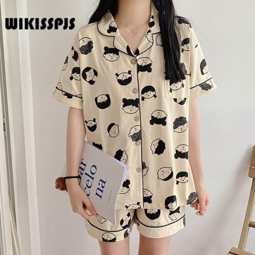 WIKISSPJS Japanese Cartoon Girl Summer Thin Short Sleeve Shorts Two Piece Student Casual Home Wear Pajama Set Kawaii Pajama