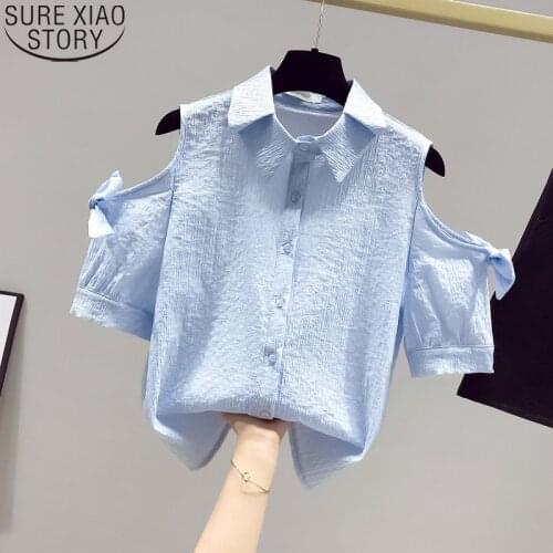 Sweet Bow Short Sleeved Shirt Light Blue Fashion Chiffon Blouse Women Off Shoulder Tops Loose Clothes Summer New Blusas 15173