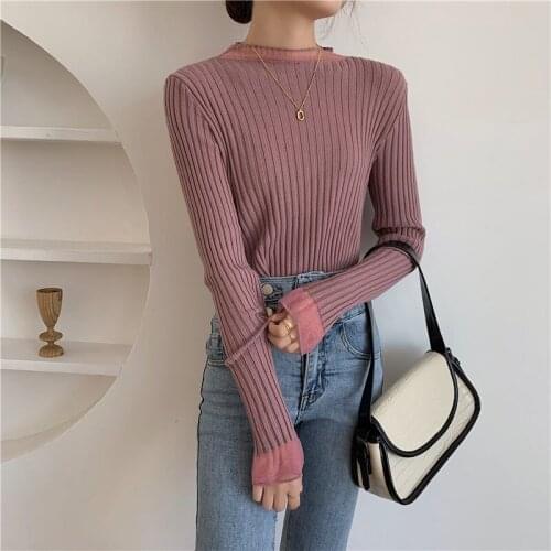 Stand-up Collar Knitted Bottoming Shirt Women 2021 Autumn And Winter New Fashion Color Matching Soft Waxy Core-spun Yarn Sweater