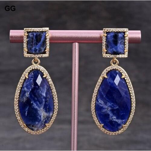 GuaiGuai Jewelry Natural Faceted Sodalites Blue-vein Stone Druzy 18K Gold Color Plated CZ Dangle Stud Earrings For Women