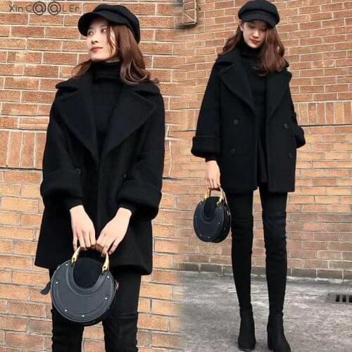 2021 Winter Korean Loose Woolen Coat Women Black Double Breasted Casual Oversize Casacos Feminino Wool Long Coats Female