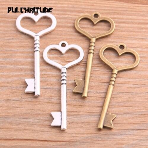 10pcs 20*46mm Two Color Heart Key Charms Hollow Pendants Handmade Decoration Vintage For DIY Jewelry Making Findings