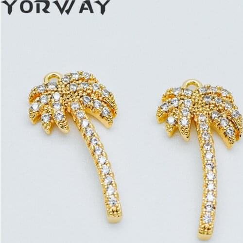 4pcs Gold Palm Tree Charms 19mm, 18K Gold Plated Brass, CZ Pave Beach Necklace Pendants (GB-362)