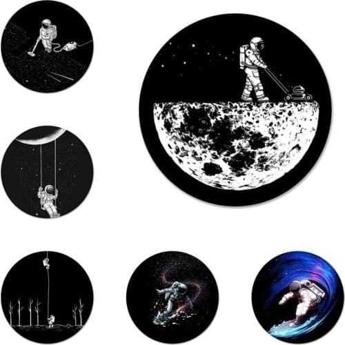 58mm black with white moon stars space astronaut Badge Brooch Pin Accessories For Clothes Backpack Decoration gift