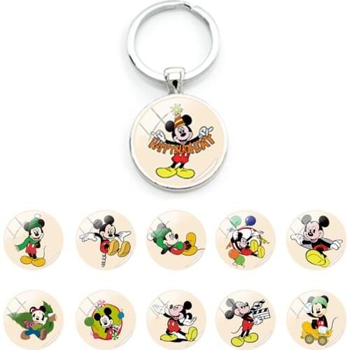 Disney Keyring Funny Mickey Mouse Bag Car Keyholder Pendant Glass Cabochon Keychains Birthday Creative Design Jewelry MIK115-25