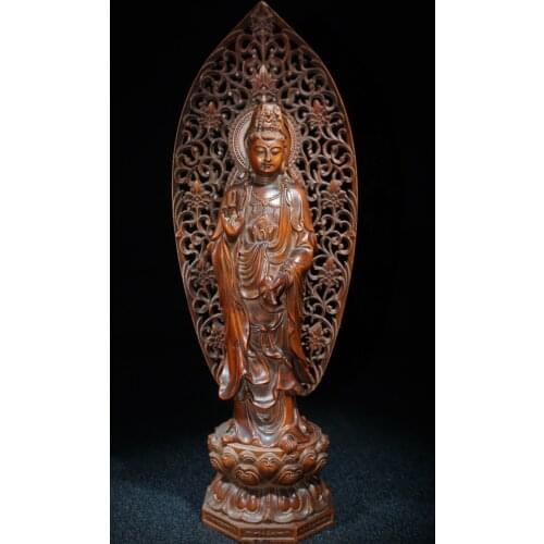 11" China Lucky Seikos Boxwood Jingping Guanyin Bodhisattva Backlight Standing Buddha Avalokitesvara Enshrine the Buddha