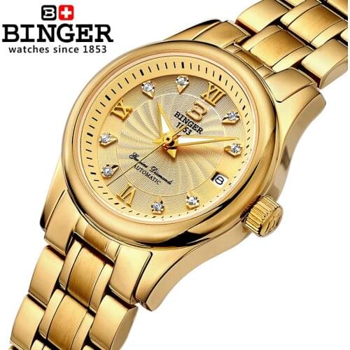 Switzerland BINGER Womens Watches Luxury 18K Gold Mechanical Wristwatches Stainless Steel Waterproof Clock Women Dress Watch