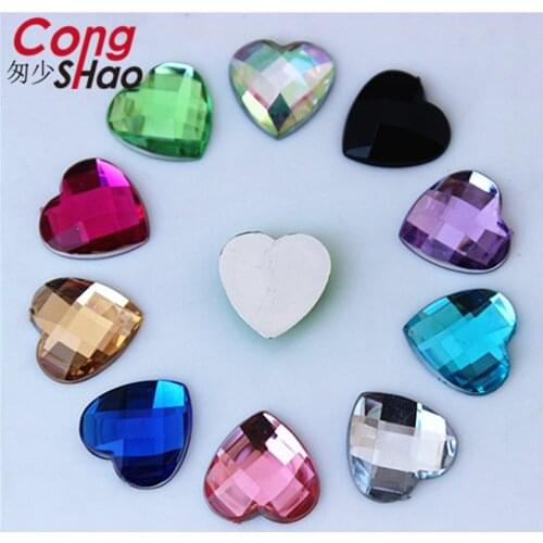 Cong Shao 200pcs 14mm Heart Acrylic Rhinestone Applique Stones And Crystals Gems Flat Back DIY Costume Button Accessories CS122