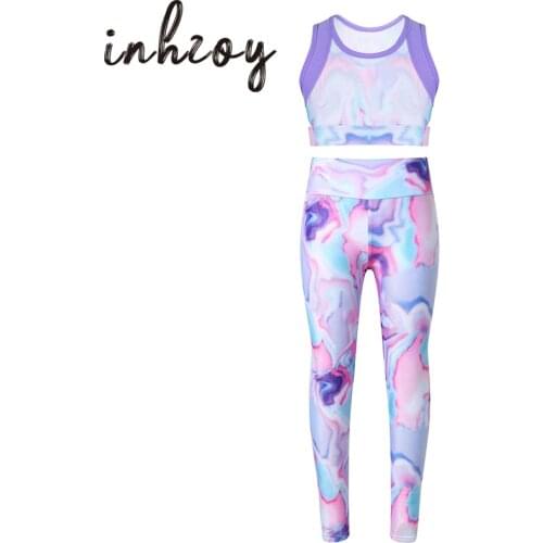 Kids Girls Dance Wear Colorful Tie-Dye Stretchy Crop Top Leggings Yoga Pants Sports Fitness Tracksuit Gymnastics Ballet Costume