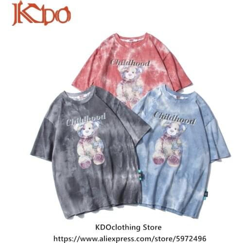 Mens Short-Sleeved T-Shirt Brand Ins Japanese Te-dDye Cartoon Bear Printed Loose Top Boys Hip-Hop Half-Sleeved 2021 Summer New