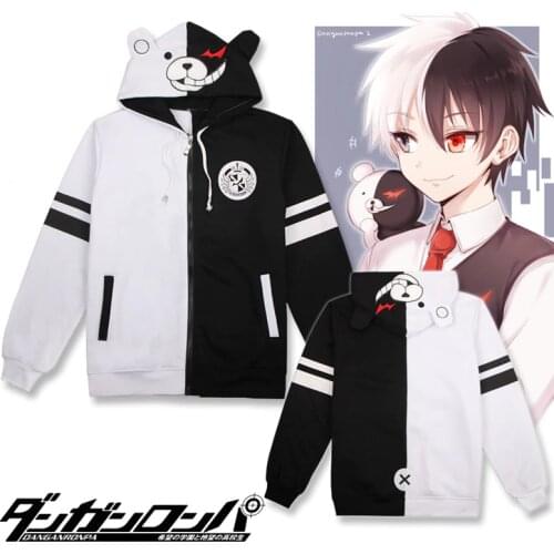 Anime Danganronpa Monokuma Cosplay Costume Unisex Hoodie Sweatshirt Hooded Black White Bear Long Sleeve daily casual coat Jacket