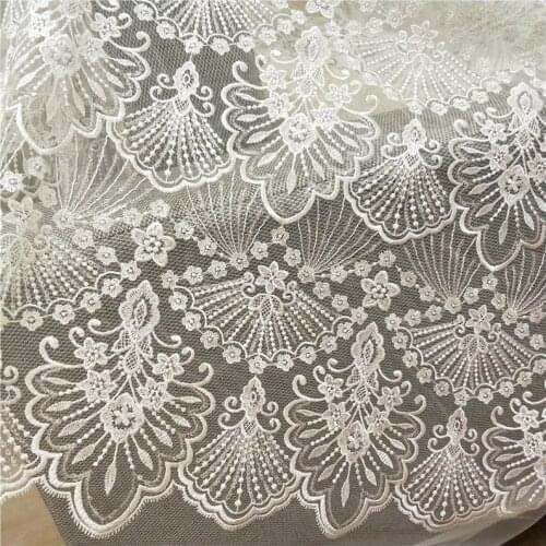 Ivory lace fabric with sequins, embroidered tulle fabric, wedding gown fabric with scallop
