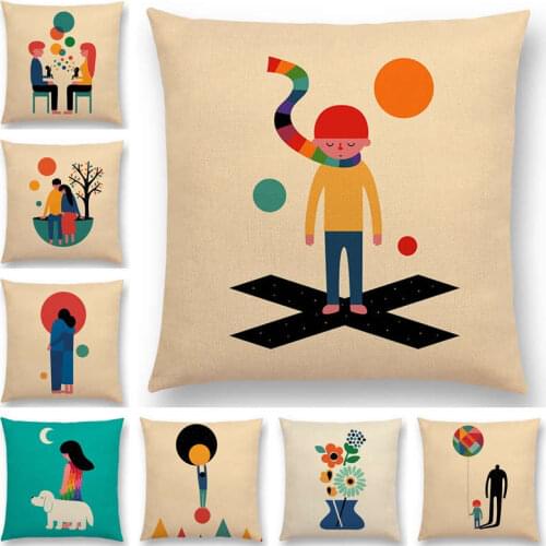 Hot Sale Family Parents And Children Sorrow Happiness Colorful Daily Life Abstract Cartoon Cushion Cover Sofa Throw Pillow Case